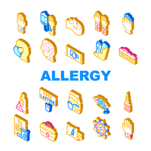 Allergy Health Problem Collection Icons Set Vector. Allergic Reaction Test And Silicone Bracelet Allergy, Napkins, Washing Powder And Leather Allergen Isometric Sign Color Illustrations
