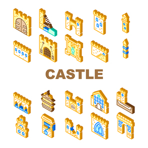 Castle Construction Collection Icons Set Vector. Medieval Castle Goal And Bridge, Tower And Wall, Aqueduct And Window, Destroyed Wall And Arch Isometric Sign Color Illustrations