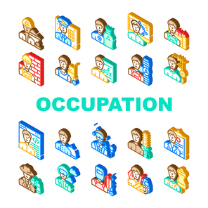 Male Occupation Job Collection Icons Set Vector. Miner And Policeman, Volunteer And Designer, Farmer And Builder, Mover And Plumber Occupation Isometric Sign Color Illustrations