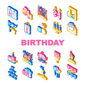 Birthday Event Party Collection Icons Set Vector. Envelope With Birthday Invitation And Calendar Date, Pinata With Candies And Burning Candles Isometric Sign Color Illustrations