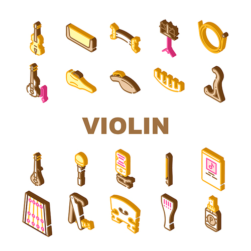 Violin String Musical Instrument Icons Set Vector. Electric Violin And Bow, Music Stand And Notes, Rack And Case, Rosin And Snare Isometric Sign Color Illustrations