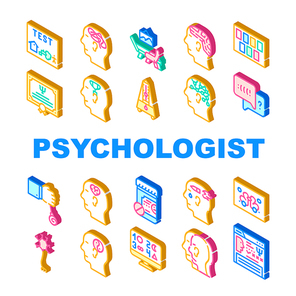Psychologist Doctor Collection Icons Set Vector. Psychology Phobia And Luscher Test, Psychologist Cabinet Attributes And Diploma, Dialogue And Analysis Isometric Sign Color Illustrations