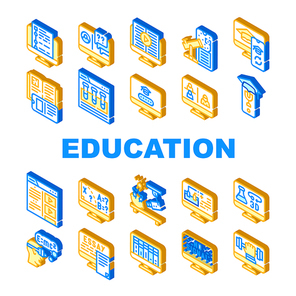 Online Education Learning Lesson Icons Set Vector. Internet Library Books And Video, Chemistry And Mathematics Education Isometric Sign Color Illustrations