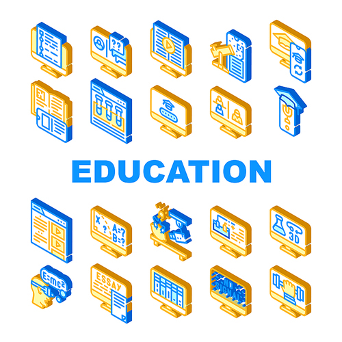 Online Education Learning Lesson Icons Set Vector. Internet Library Books And Video, Chemistry And Mathematics Education Isometric Sign Color Illustrations
