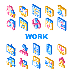 Remote Work From Home Collection Icons Set Vector. Office In Garage And Room, Working From Home, Online Communication With Colleagues And Partners Isometric Sign Color Illustrations