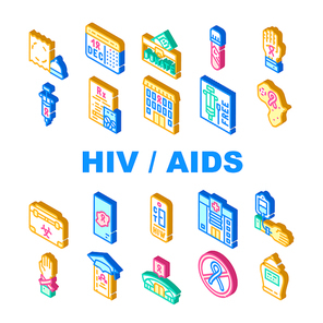 Hiv And Aids Disease Collection Icons Set Vector. Hospice And Hospital Building, Glass With Blood For Analysis on Aids And Drugs Healthcare Treatment Isometric Sign Color Illustrations