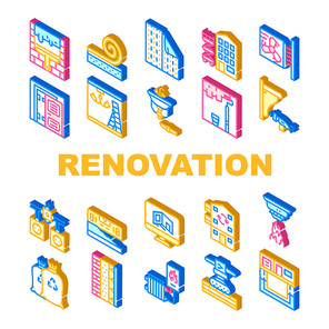 Home Renovation Repair Collection Icons Set Vector. Wallpaper And Garbage Bags, Heat Gun And Fan Heater, Noise Isolation And Renovation Equipment Isometric Sign Color Illustrations