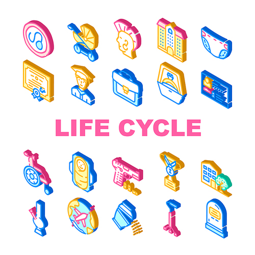 Life Cycle People Collection Icons Set Vector. Sperm In Egg And Child Birth, Diaper And Stroller, Education And Travel, Old Age And Death Life Cycle Isometric Sign Color Illustrations