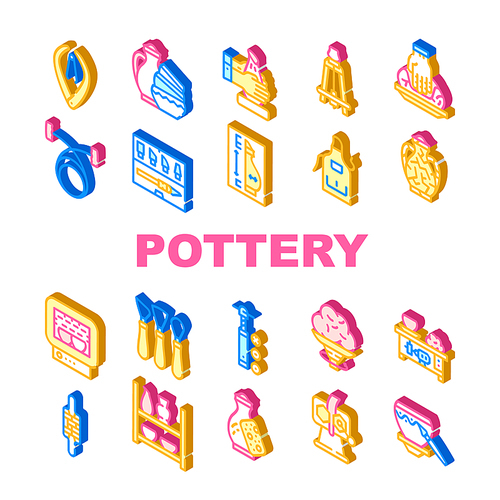 Pottery Production Collection Icons Set Vector. Pottery Finished Products And Clay Rolling Machine, Roasting Chamber And Screw Extruder Isometric Sign Color Illustrations