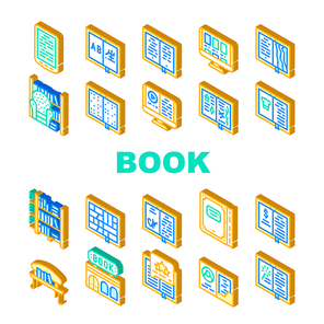 Book Library Shop Collection Icons Set Vector. Electronic Read Device And Interpreter Gadget, Book Store And Armchair, Business Literature And Comics Isometric Sign Color Illustrations