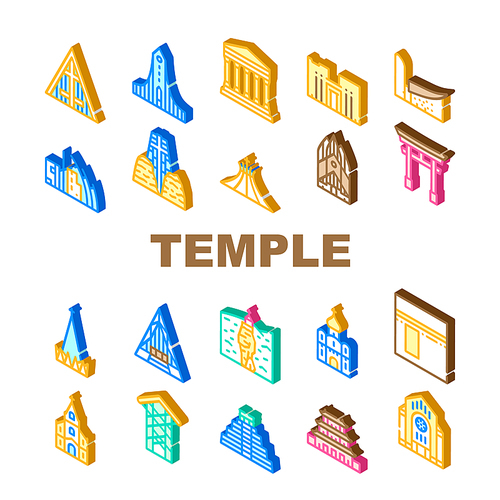 Temple Construction Collection Icons Set Vector. Religion Cathedral And Synagogue, Catholic Chapel And Church, Kaaba And Mayan Temple Religion Building Isometric Sign Color Illustrations