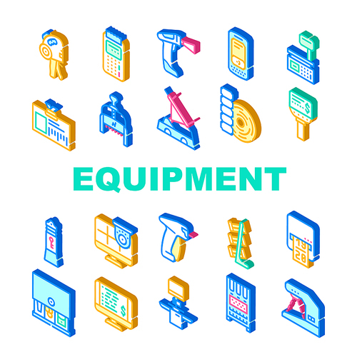 Shop Equipment Device Collection Icons Set Vector. Shop Portable Cash Register And Libra, Seller Badge And Numerator, Barcode Scanner And Price Checker Isometric Sign Color Illustrations