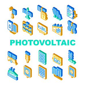 Photovoltaic Energy Collection Icons Set Vector. Solar Power Aircraft And Ship, Photovoltaic Inverter And Battery, Work Principle And Structure Isometric Sign Color Illustrations