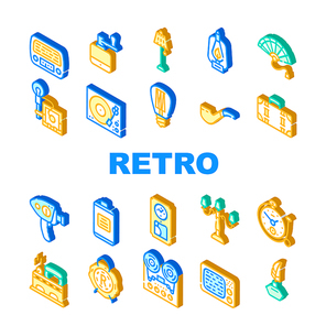 Retro Stuff Devices Collection Icons Set Vector. Retro Kerosene Burner And Lightbulb, Radio And Music Turntable, Photo And Video Camera Isometric Sign Color Illustrations