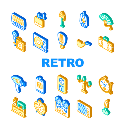 Retro Stuff Devices Collection Icons Set Vector. Retro Kerosene Burner And Lightbulb, Radio And Music Turntable, Photo And Video Camera Isometric Sign Color Illustrations