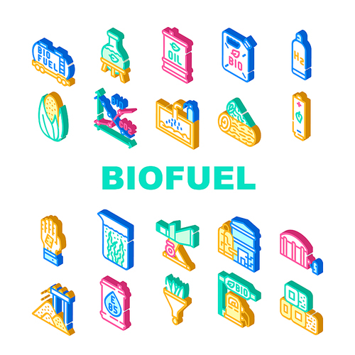 Biofuel Green Energy Collection Icons Set Vector. Biofuel Railway Carriage And Canister, Oil Barrel And Laboratory Flask, Bio Fuel Factory Isometric Sign Color Illustrations