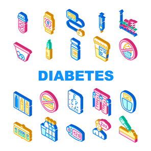 Diabetes Ill Treatment Collection Icons Set Vector. Insulin Medicament Injection And Symptom Of Vision Loss, Glucose And Blood Sugar Control Isometric Sign Color Illustrations