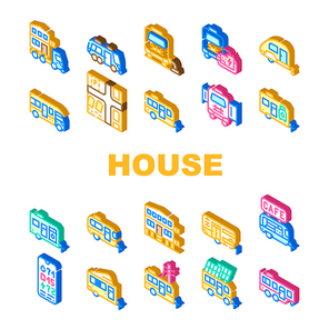Modular House Trailer Collection Icons Set Vector. House With Pull-out Module And Gas Cylinder, Building Transportation And Charge Level Control Isometric Sign Color Illustrations