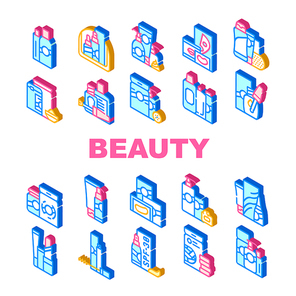 Beauty Products Makeup Collection Icons Set Vector. Beauty Lotion And Cream, Balm And Hair Conditioner, Cosmetic Oil And Face Mask Isometric Sign Color Illustrations