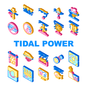 Tidal Power Plant Collection Icons Set Vector. Industrial Tidal Power Station And Voltage Control, Scheme Plan Of Work And Environment Harm Isometric Sign Color Illustrations