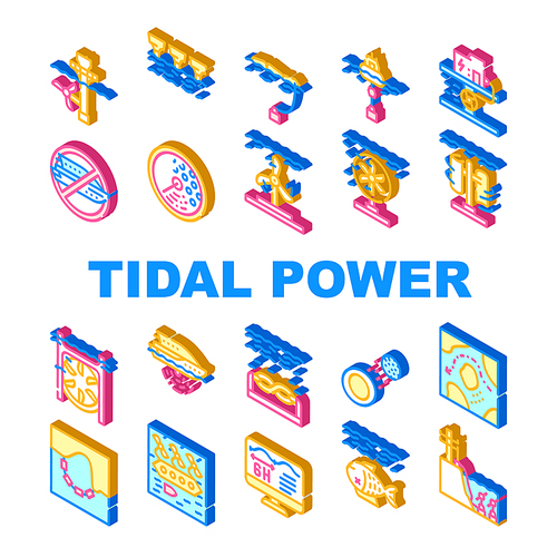 Tidal Power Plant Collection Icons Set Vector. Industrial Tidal Power Station And Voltage Control, Scheme Plan Of Work And Environment Harm Isometric Sign Color Illustrations