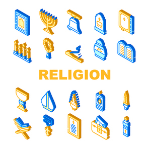 Religion Holy Praying Collection Icons Set Vector. Church Bell And Bible Book, Grave And Burial Urn, Candles And Lamp, Pectoral Cross And Prayer Isometric Sign Color Illustrations