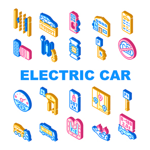 Electric Car Vehicle Collection Icons Set Vector. Automobile Electric Engine And Charging Cable, Parking With Charge Station And Electrical Bus Isometric Sign Color Illustrations