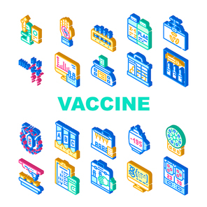 Vaccine Production Collection Icons Set Vector. Electronic Microscope And Thermoreactor Equipment, Dna Vaccine And Search Formula Isometric Sign Color Illustrations