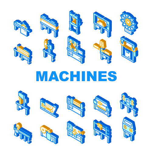 Industrial Machines Collection Icons Set Vector. Hot Pressing And Hydraulic Press, Drilling And Slotting Machines, Bandsaw And Serigraphy Isometric Sign Color Illustrations