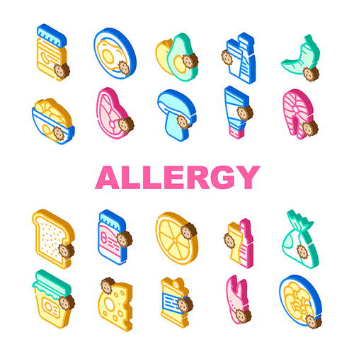 Allergy On Products Collection Icons Set Vector. Allergy On Medicaments And Cosmetics, Fish And Meat, Cheese And Milk, Fruits And Vegetables Isometric Sign Color Illustrations