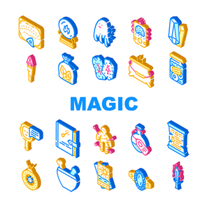 Magic Mystery Objects Collection Icons Set Vector. Sphere For Spiritism And Magic Cards, Ouija Board For Communicating With Spirits And Runes Isometric Sign Color Illustrations