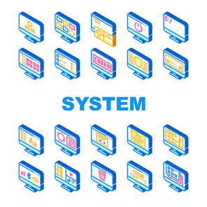 Operating System Pc Collection Icons Set Vector. Computer System Data Security And Error, Connection And Download, Media Files And Folders Isometric Sign Color Illustrations