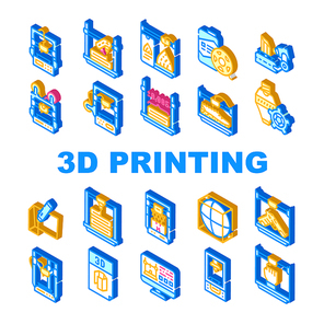 3d Printing Equipment Collection Icons Set Vector. 3d Printing Device And Scanner, Mobile Control And Monitor Settings, Details And Powder Isometric Sign Color Illustrations