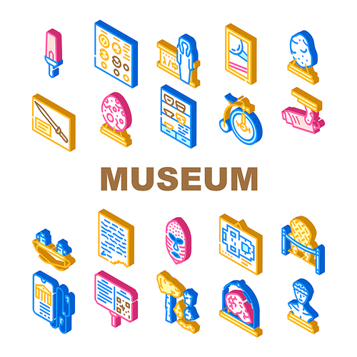 Museum Exhibits And Excursion Icons Set Vector. Museum Cctv And Audio Guide, Coins And Skull, Dinosaur Egg And Meteorite, Statue And Pottery Isometric Sign Color Illustrations