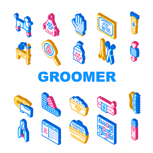 Groomer Pet Service Collection Icons Set Vector. Cage For Transportation Animal And Table For Examination, Groomer Glove And Hair Clipper Isometric Sign Color Illustrations