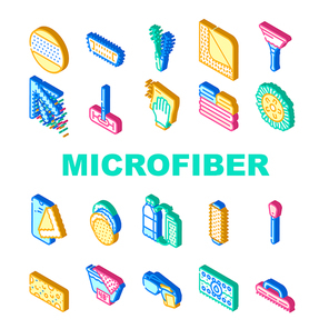 Microfiber For Clean Collection Icons Set Vector. Microfiber With Handle And Mop Head, Brush Cleaning Windows And Towel Roller Isometric Sign Color Illustrations