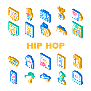 Hip Hop And Rap Music Collection Icons Set Vector. Hip Hop Gold Disc And Gangsta Rapper, Mesh Microphone Device And Tattoo, Clothes And Glasses Isometric Sign Color Illustrations