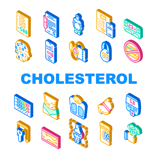 Cholesterol Overweight Collection Icons Set Vector. Cholesterol Overweight People And Diabetes Disease, Food Diary And Smart Scales Isometric Sign Color Illustrations