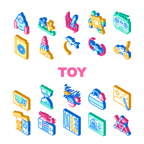 Toy And Children Game Collection Icons Set Vector. Robot And Radio Controlled Car, Flying Fish And Doggy Bag, Quadrocopter And Telescope Toy Isometric Sign Color Illustrations