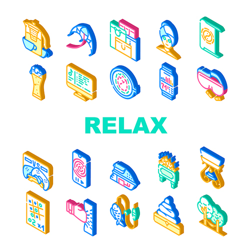 Relax Therapy Time Collection Icons Set Vector. Relax Shopping And Yoga, Music And Video Games, Beer And Tea, Fishing And Camping Isometric Sign Color Illustrations