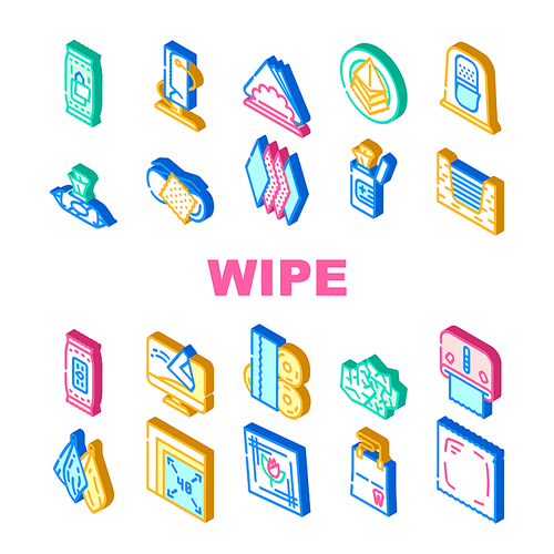 Wipe Hygiene Accessory Collection Icons Set Vector. Wet Wipe And In Vacuum Package, Napkin In Roll And On Plate, For Cleaning Glasses And Dental Isometric Sign Color Illustrations