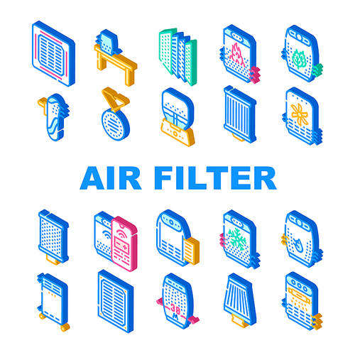 Air Filter Accessory Collection Icons Set Vector. Ventilation, Purifier And Humidifier Air Filter Replacement, Electronic Device Phone Control Isometric Sign Color Illustrations