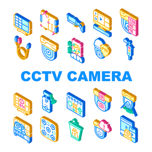 Cctv Camera Security Collection Icons Set Vector. Cctv Camera And Cable, Computer Monitor And Face Identification, Video Recorder And Switcher Isometric Sign Color Illustrations