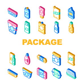 Package For Product Collection Icons Set Vector. Package For Ketchup And Mayonnaise, Milk And Oil Bottle, Container For Eggs And Canned Fish Isometric Sign Color Illustrations