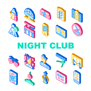 Night Club Dance Party Collection Icons Set Vector. Night Club Lounge Area And Floor Disco Ball, Bar Counter And Dj Equipment Isometric Sign Color Illustrations