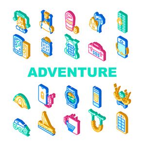 Adventure Equipment Collection Icons Set Vector. Heated Sleeping Bag And Shovel Or Multi Tool Ax, Maps And Rescue Kit For Adventure Isometric Sign Color Illustrations