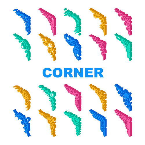 Corner Decoration Collection Icons Set Vector. Corner Decorative Border And Frame, Stylish Decor For Glass Or Mirror, Stylish Ornament Isometric Sign Color Illustrations