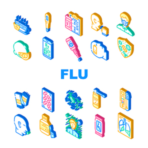 Flu Disease Treatment Collection Icons Set Vector. Flu Treat Vaccine And Test Questionnaire, Tea With Honey And Lemon, Syrup And Eye Drops Isometric Sign Color Illustrations