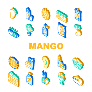 Mango Tropical Fruit Collection Icons Set Vector. Mango Juice And Jam, Ice Cream And Vinegar, Canned Food And Tea, Soap And Aroma Diffuser Isometric Sign Color Illustrations