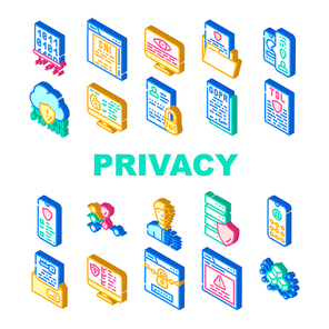 Privacy Policy Protect Collection Icons Set Vector. Biometric Data Protection And Privacy Police, Digital Portrait And Encryption Key Isometric Sign Color Illustrations